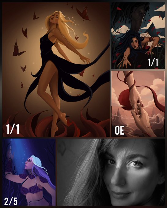 A collage of fantasy illustrations featuring various female characters, including a blonde woman in a flowing black dress surrounded by butterflies and other smaller character images, with labels '1/1', '0E', and '2/5' visible.