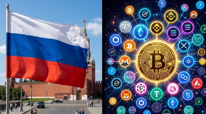 The image features two distinct scenes, with one scene being a Russian flag flying high above a city street filled with people walking around, while the other scene shows a Bitcoin symbol surrounded by various cryptocurrency icons. The Russian flag represents the country's identity and pride in its culture or heritage, whereas the Bitcoin symbol signifies the rise of digital currency and technology. Both scenes are related to the post about Russia's Central Bank moving toward a stricter crypto framework that would limit retail investors to just three digital assets: Bitcoin, Ethereum, and Tether.