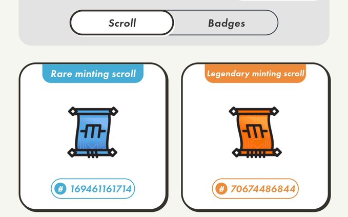 The image shows two scrolls, one blue and one orange, placed side by side with a small white label underneath each scroll. The scrolls are displayed against a gray background, and there is text that reads "Scroll" above them. The scrolls appear to be related to a gaming or streaming platform, as indicated by the presence of badges on both scrolls.