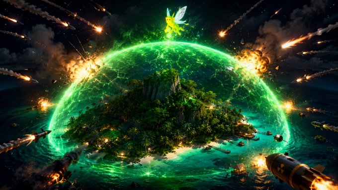 A tropical island is enveloped by a glowing green energy dome while fiery missiles rain down and explode against its protective barrier, with a luminous fairy hovering above. The imagery of divine, magical shielding perfectly mirrors the post's message of "$BAYLA" being divinely protected.