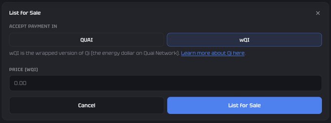 A "List for Sale" modal shows options to accept payment in QUAI or wQI, with wQI selected and an empty price field set to 0.00, reflecting the post's explanation of the difference between native $QI and wrapped $WQI on the Bazarr NFT exchange.