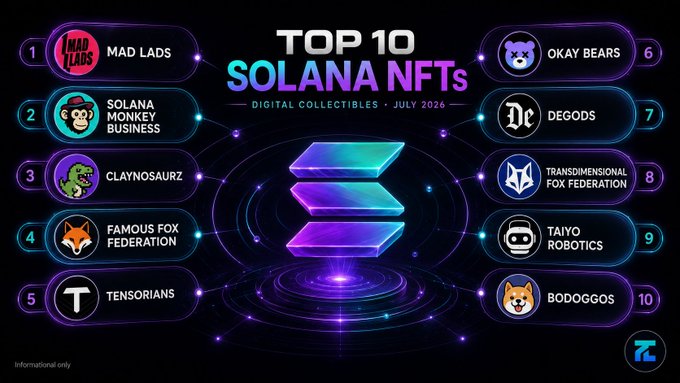 Infographic listing the 'TOP 10 SOLANA NFTs' for 'JULY 2026', featuring ranked NFT projects including Mad Lads, Solana Monkey Business, Claynosaurz, Famous Fox Federation, Okay Bears, DeGods, Tensorians, Transdimensional Fox Federation, Taiyo Robotics, and Bodoggos.