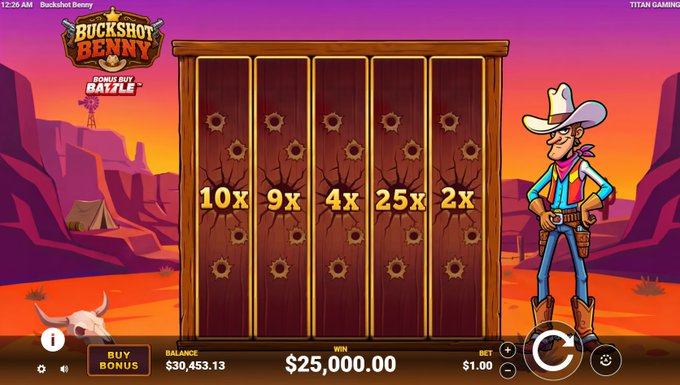 The image shows a screenshot of the "Buckshot Benny" slot game in a "Bonus Buy Battle" feature, displaying bonus round multipliers of 10x, 9x, 4x, 25x, and 2x across wooden barrels with bullet holes, with a potential win of $25,000.00 on a $1 bet and a balance of $30,453.13, which aligns with the post celebrating a max win on the game.
