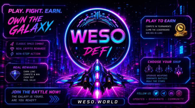 The image features a poster for a retro space-themed video game called "WESO World" with a neon background, purple and blue colors, and a rocket ship design. The poster includes text that reads "PLAY. FIGHT. EMBRACE. WIN THE GALAXY. Own the Galaxy. Real rewards. Ultimate retro space combat experience. Liven up your ship!". The poster also mentions that there is an update available for the game, which could be related to the WESO world logo or a new feature in the game.