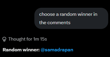 A Twitter screenshot shows a random comment picker tool selecting "@samadrapan" as the winner after a 1 minute 15 second thought, confirming the user's announcement that they won a prize from the giveaway.