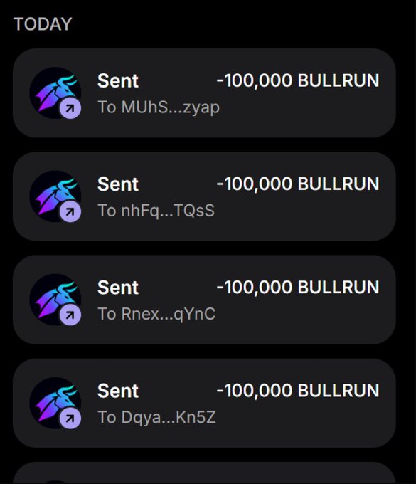 Mobile wallet screenshot showing four transactions, each labeled 'Sent' for -100,000 BULLRUN tokens to different recipient addresses.