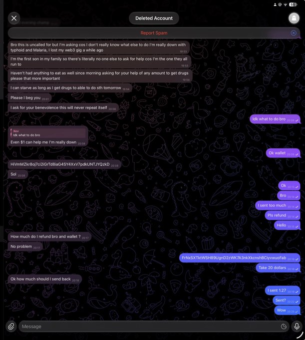 A Telegram chat with a "Deleted Account" user shows messages pleading for help to buy food and drugs, alongside a wallet address (HVsx5XTrWSt+89Ugr+DZcWk7A9nkXkxnshBCywvuoFab), followed by exchanges about refunding 1.27 SOL and sending 20 dollars back—matching the story of mistakenly sending 1.3 SOL before the scammer deleted their account.