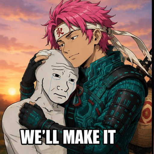 Anime-style illustration of a pink-haired warrior in teal samurai armor tenderly embracing a crying white mask figure, with the text "WE'LL MAKE IT" displayed below.