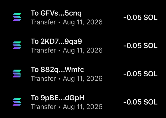 A screenshot showing four outbound SOL transfers of -0.05 SOL each sent to addresses starting with "GFVs," "2KD7," "882q," and "9pBE" on August 11, 2026, corroborating the poster's claim of gifting small amounts of crypto to multiple recipients (@DiiNfee, @RealMrAB, @Cryptoweb2026, @notspidey192) and soliciting engagement in return.