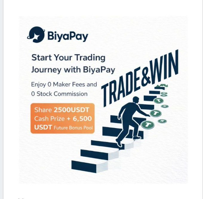 This image is a promotional banner for BiyaPay's trading campaign, featuring their logo and the headline "Start Your Trading Journey with BiyaPay." It highlights key offers including "Enjoy 0 Maker Fees and 0 Stock Commission" and advertises a "Share 2500 USDT Cash Prize + 6,500 USDT Future Bonus Pool," alongside an illustration of a figure climbing stairs labeled "TRADE & WIN."