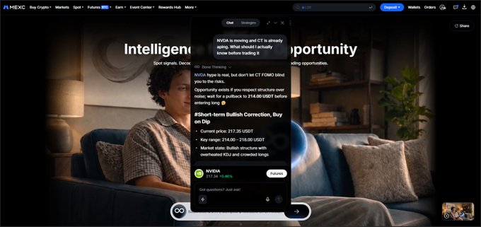 A screenshot of the MEXC cryptocurrency exchange website showing an AI chat interface ('DIA - Game Thinking') analyzing the 'Intelligence of Opportunity' page, with a bull case trading signal for the token 'NVDA'.