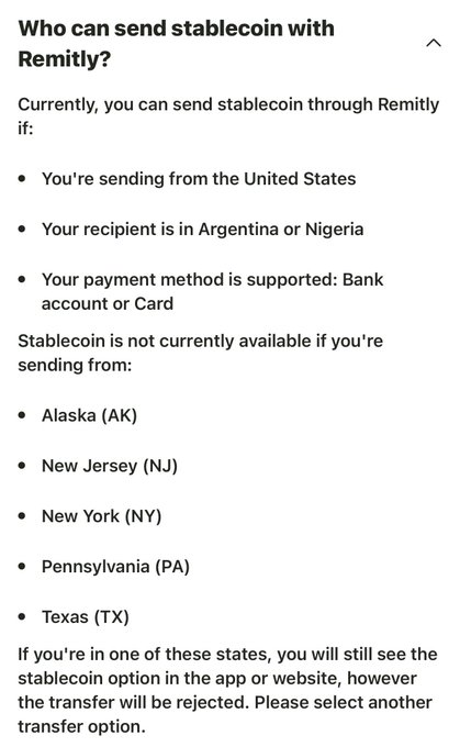 A Remity FAQ section explains stablecoin eligibility, noting it's only available when sending from the US to Argentina or Nigeria via bank account or card, and is currently unavailable in states like Alaska, New Jersey, New York, Pennsylvania, and Texas. This directly supports the post's criticism of Remity's restricted stablecoin coverage despite being endorsed for global relief efforts.