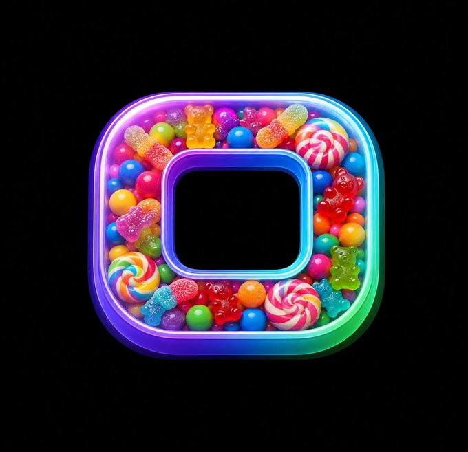 The image is a vibrant candy-filled letter "O" with a neon gradient border, featuring gummy bears, swirly lollipops, and assorted sweets inside, visually representing the "candy store for NFTs" mentioned in the post about the Orbis project (Orbisonsol.io).