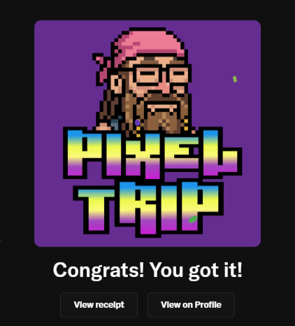 The image shows a pixel art NFT from the "Pixel Trip" collection featuring a bearded character with a pink bandana and glasses on a purple background, with a congratulatory message "Congrats! You got it!" and buttons to "View receipt" or "View on Profile." This confirms the successful acquisition of the Pixel Trip NFT mentioned in the post, aligning with the user's excitement about adding it to their collection alongside their Voxel Punks.