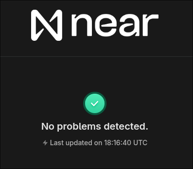 A status page displays the "near" logo above a green checkmark and the text "No problems detected." with "Last updated on 18:16:40 UTC".