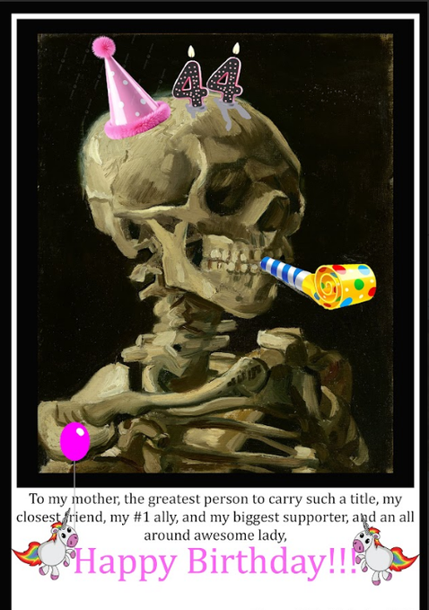 The image features a skeleton wearing a party hat with candles on its head, blowing out candles as part of a birthday celebration. The text "Happy Birthday!" is written above the skeleton's head, indicating that this is a special occasion for them.
