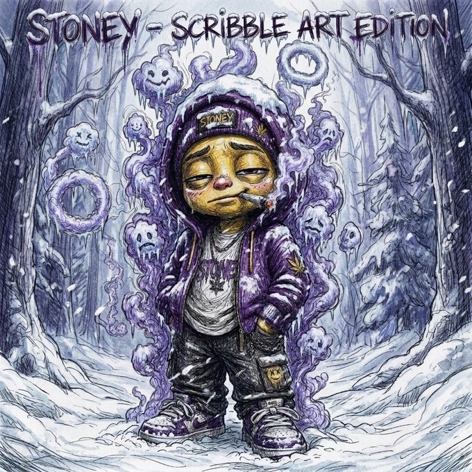 A colorful illustration titled 'STONEY - SCRIBBLE ART EDITION' depicting a sad cartoon character in a winter coat and beanie with smoke-like purple swirls containing small ghost faces surrounding them in a snowy forest.