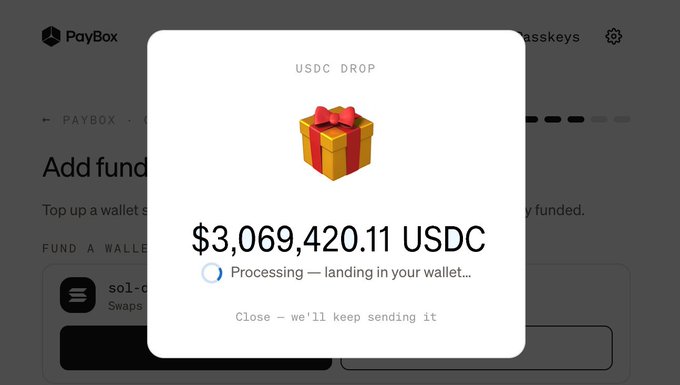 A screenshot from PayBox showing a "USDC DROP" of $3,069,420.11 currently processing and landing in the user's wallet, accompanying a celebratory post about finally claiming $3M in USDC after a sleepless night of failed attempts.