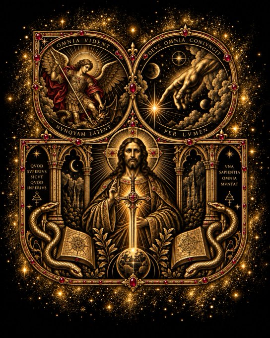 An ornate religious-themed illustration featuring Christ holding a sword and scales, flanked by an angel and the Hand of God, with Latin text including 'OMNIA VIDENTI', 'NUNQUAM LATENT', 'DEUS OMNIA CONIVNGIT', and 'PER LVMEN'.