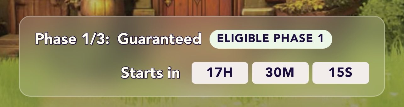 A countdown timer banner displays 'Phase 1/3: Guaranteed ELIGIBLE PHASE 1' with a timer showing 'Starts in 17H 30M 15S' over a blurred grassy background.