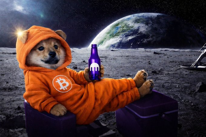 A Shiba Inu dog wearing an orange Bitcoin hoodie lounges on a purple chair on the moon, holding a blue bottle with a Bitcoin-style logo, with Earth visible in the background.