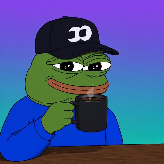 A cartoon illustration of a Pepe the Frog character wearing a black baseball cap with a 'D' logo and a blue shirt, holding a steaming black coffee mug.