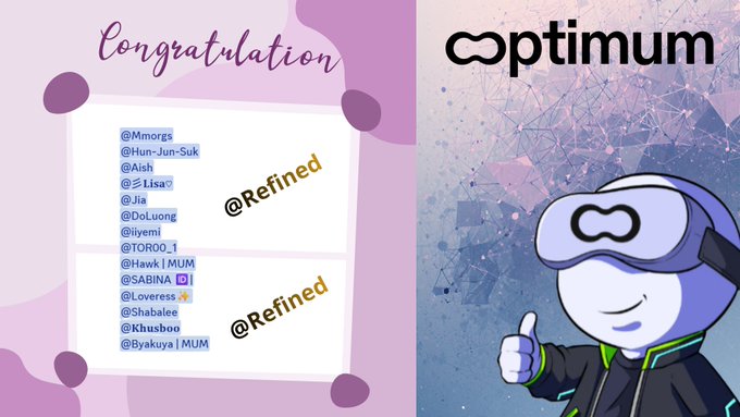 A congratulatory graphic showing a list of usernames with "@Refined" stamps and an "optimum" logo on the right alongside a mascot wearing a VR headset.