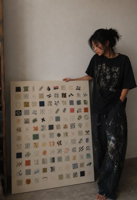 The image features a woman standing next to a large canvas painting that depicts a grid of squares filled with various colors and patterns. The painting seems to be a representation of MØN, which translates to "the world" or "everything". The woman is positioned in front of this artwork, possibly posing for the picture. The image also includes text that reads: "Keep your eyes on MØN by @yuriloran 400 artworks. Each carries its own energy. Together, they form a world built from color, mood, and endless attention to detail."