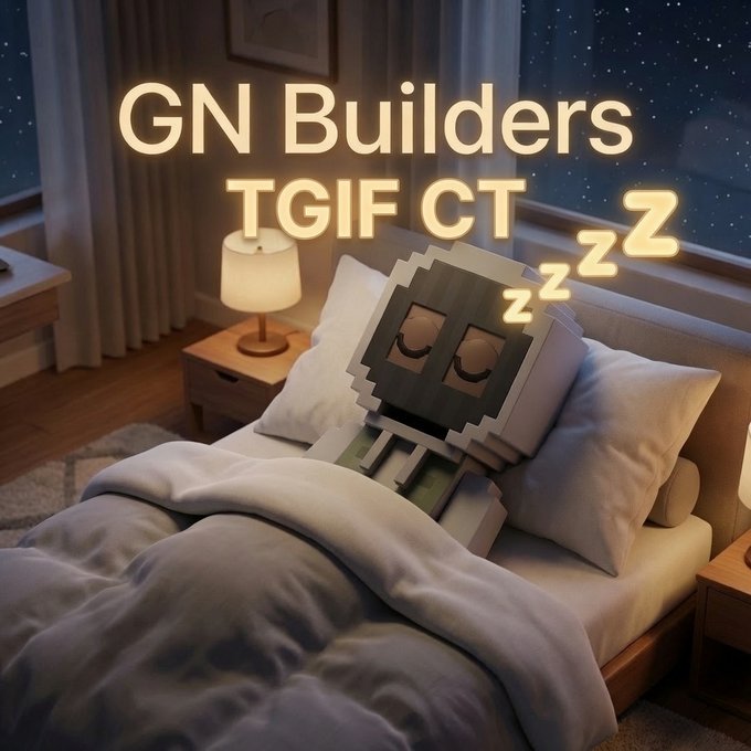 A cute blocky 3D character sleeps peacefully in a cozy bed under glowing neon text that reads "GN Builders TGIF CT" alongside "zzz" symbols, capturing the playful "Good Night CT" Friday wishes and weekend sendoff.