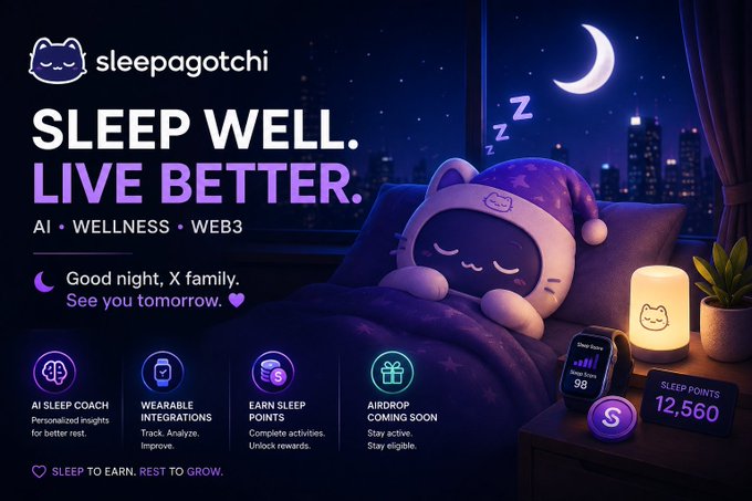 An advertisement for 'Sleepagotchi' with the tagline 'SLEEP WELL. LIVE BETTER.', featuring a cute character in a nightcap sleeping by a window, with sections for 'AI SLEEP COACH', 'WEARABLE INTEGRATIONS', 'EARN SLEEP POINTS', and 'AIRDROP COMING SOON'.