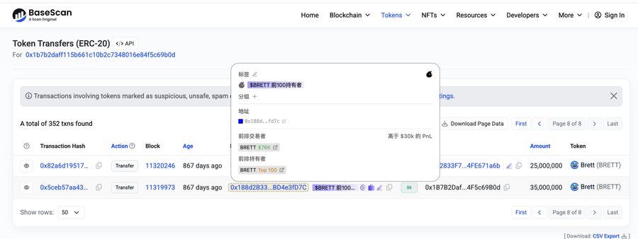 The image shows a BaseScan page displaying token transfer transactions for the BRETT (BRETT) ERC-20 token, with a tooltip overlay highlighting that address 0x188d...fd7c holds 4.33% of BRETT's supply, is a top 100 holder, and ranks #100 among holders. The visible transaction records show large BRETT transfers (25M and 35M tokens) from over a year ago, though the image relates to the post's mention of an insider address recently accumulating $HOODRAT positions.