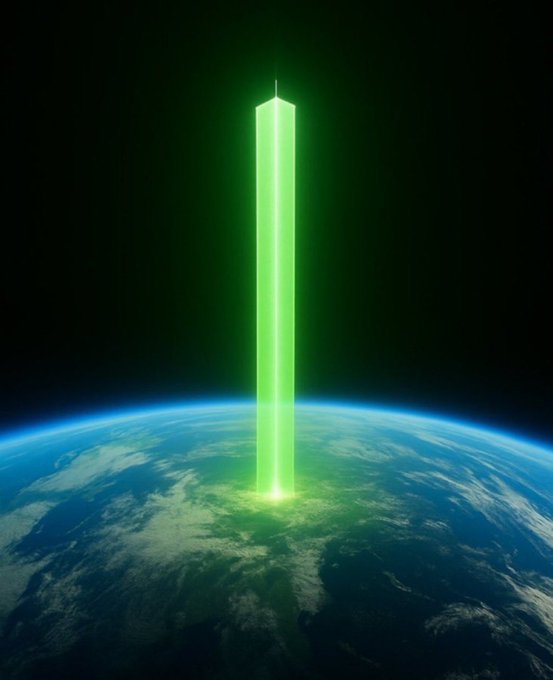 An illustration of a glowing green rectangular beam or monolith extending from Earth into space against a black starry background.