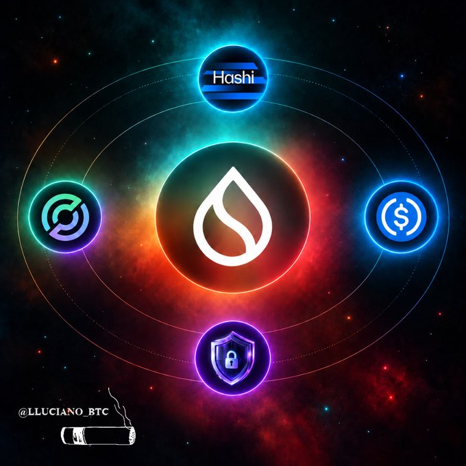 A cosmic-style graphic features the Sui Network water-droplet logo at the center, surrounded by four orbiting icons representing its ecosystem pillars—Hashi, a circular symbol, USDC (dollar sign), and a security shield—set against a starry nebula background, with "@LLUCIANO_BTC" watermarked at the bottom. The celestial design visually reinforces the post's theme of Sui's expanding technological and financial innovations as transformative forces beyond short-term market activity.