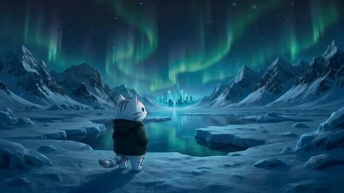The image features a cartoon cat standing on a snowy mountain, looking up at the sky with its eyes wide open as if gazing upon something or someone. In the background of the image, there are mountains covered in snow that stretch across the scene. The caption "Hyperliquid x Nansen" is written below the image, which might be related to the post about the Northern Lights.