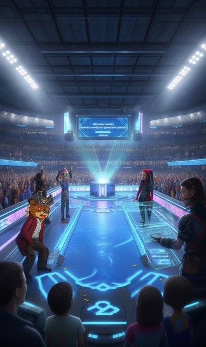 An animated arena scene features characters standing on a glowing blue stage with holographic displays, while a large audience watches from the stadium seating around them.