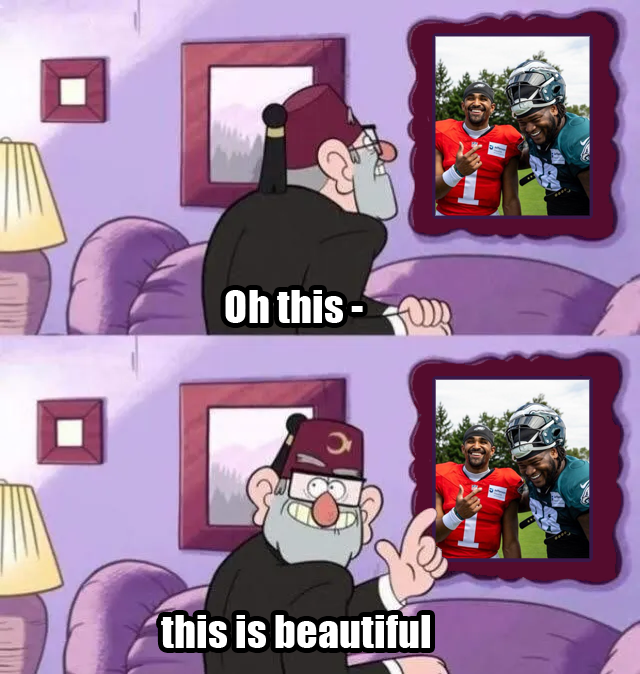 A two-panel meme using Gravity Falls' Grunkle Stan looking at a framed photo of NFL quarterbacks Jalen Hurts and Lamar Jackson, with text 'Oh this -' and 'this is beautiful'.