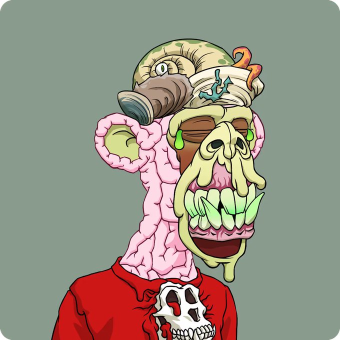 The image features a cartoon monkey wearing a red shirt, which has a skull design on it. The monkey also has a hat that looks like a skull, adding to its eerie appearance. In the background, there are two skulls, one of which is placed above the monkey's head and another below his neck. The caption at the bottom of the image reads: "After years of waiting... I finally didi it. Thanks to @BASIKSHQ for helping me with this decision. #MAYC @BoredApeYC".
