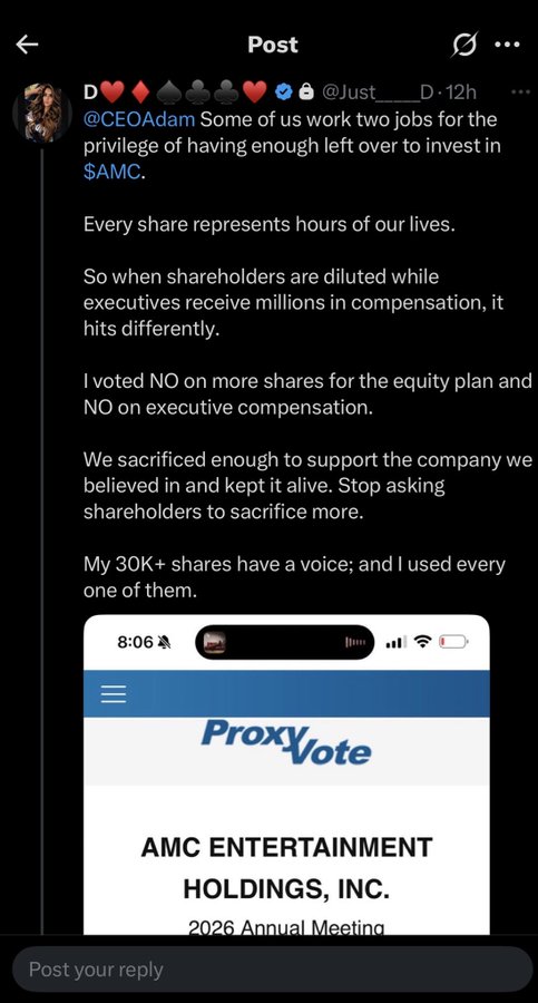 A tweet by @Just____D criticizes @CEOAdam, stating that retail shareholders work two jobs to invest in $AMC and feel the impact of share dilution, while voting NO on additional shares for the equity plan and executive compensation. The accompanying reply accuses the poster of being deceptive about their financial struggles despite claiming to hold 30K+ $AMC shares. The image shows a ProxyVote screenshot for AMC Entertainment Holdings, Inc.'s 2026 Annual Meeting, supporting the post's context about shareholder voting.