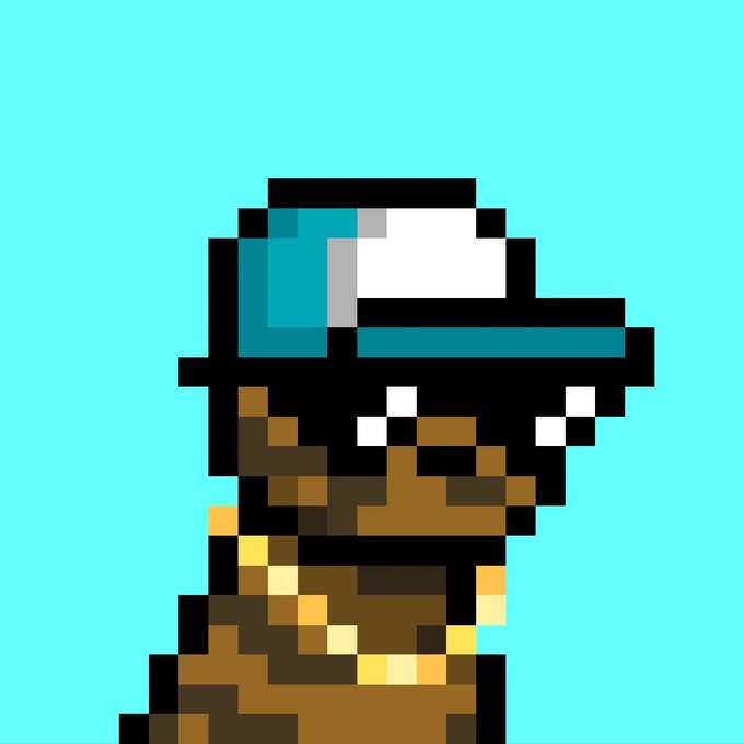 A pixel art illustration of a person in profile wearing a blue and white cap and a brown patterned jacket against a light blue background.