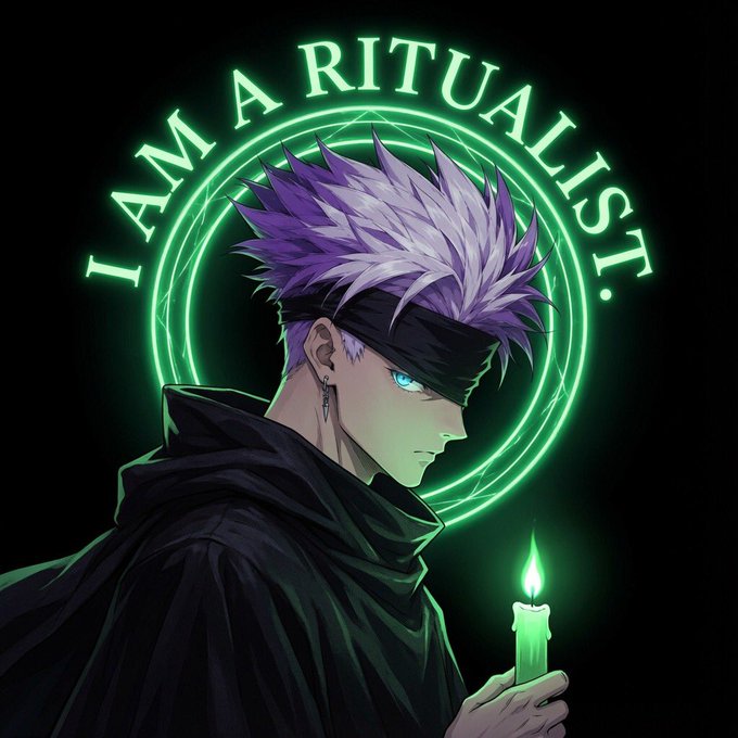 The image features a man with purple hair, dressed in black clothing, holding a lit candle. The background of the image is dark green, which contrasts with the purple hair of the man. There are also some words written above him that read "I AM A RITUALIST I'M passing the candle to the next Ritualist @ritualfnd". This suggests that the man might be participating in a ritual or ceremony involving candles and possibly other rituals as well, given his attire and the presence of the lit candle.