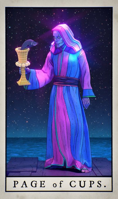 Tarot card illustration titled "PAGE of CUPS." depicting a hooded, bearded figure in flowing pink and blue robes holding a golden chalice containing a fish, set against a starry night sky by the sea.