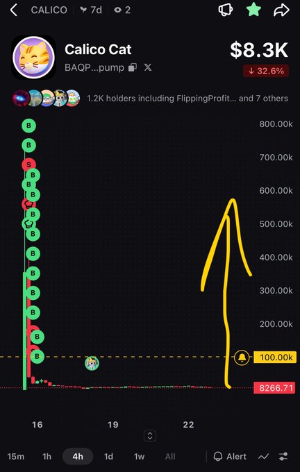 A cryptocurrency chart for 'Calico Cat' token showing a value of $8.3K with a 32.6% decline, featuring buy transactions marked with 'B' labels and a dramatic price spike.