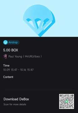 An app screen displaying a blue diamond logo with 'Airdrop' text, '5.00 BOX', 'Paul Young (MURVibez)', and a time range of '10.09 15:47 - 10.16 15:47'. A 'Download DeBox' QR code appears at the bottom.