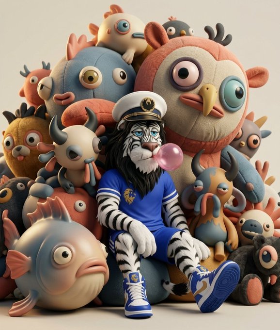 A 3D-rendered cartoon illustration of a white tiger character wearing a sailor hat and blue outfit, blowing a pink bubblegum bubble while surrounded by a pile of quirky plush toys and creatures.