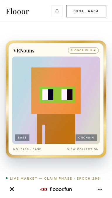A mobile app screenshot titled 'Flooorr' displaying an NFT card labeled 'VRNouns' with the address '0x9A...AA6A', marked as 'BASE' 'ONCHAIN', number 3268, and showing a pixelated orange character.