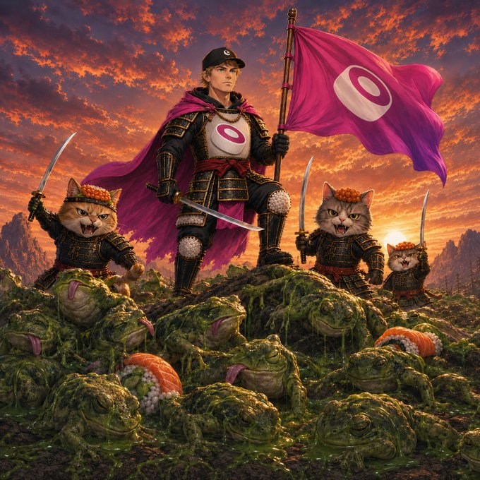 A samurai warrior wielding a "O" logo flag (likely referencing the OP token) leads an army of helmeted samurai cats across a battlefield of defeated frog-like creatures, parodying a dramatic war scene.

The image humorously reimagines a crypto launchpad battle as a samurai epic, with the "O" flag (resembling OP) rallying feline warriors to conquer amphibian rivals—evoking meme coin or token launch warfare.