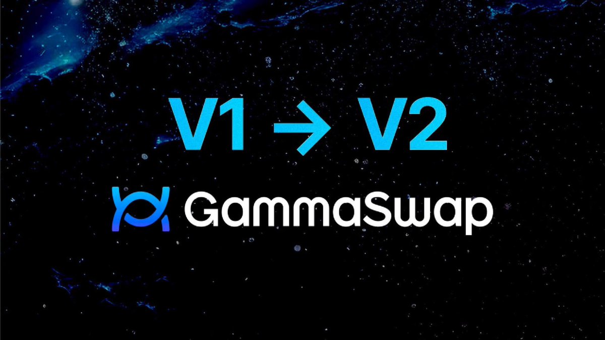 The image features a logo for a company named "GammaSwap" with blue text that reads "V1 V2", indicating that the company offers two different versions of their service or product. The background of the image is black, which contrasts with the blue elements and makes them stand out.