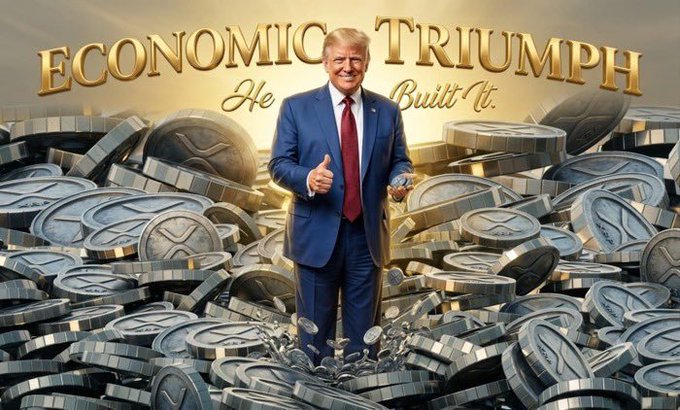 Donald Trump is pictured standing amidst a pile of XRP coins with the text "ECONOMIC TRIUMPH He Built It." This image visually represents the post's claim about a new crypto bill and Trump's vision for America as a crypto capital.