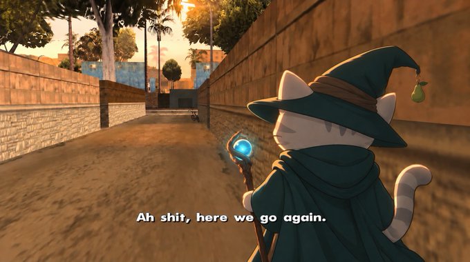 A white cat wizard wearing a teal pointed hat and robe holds a glowing staff while walking down a sunlit alleyway, with the subtitle "Ah shit, here we go again." The defeated posture of the character humorously mirrors the post's sentiment about repeatedly losing in gaming despite persistent effort.
