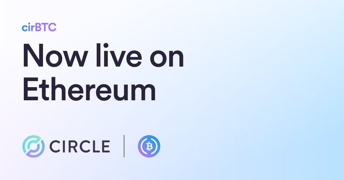 Announcement image for "cirBTC" launching on Ethereum, featuring the Circle logo alongside a Bitcoin symbol to visually represent the new bridged BTC asset, with bold text reading "Now live on Ethereum."